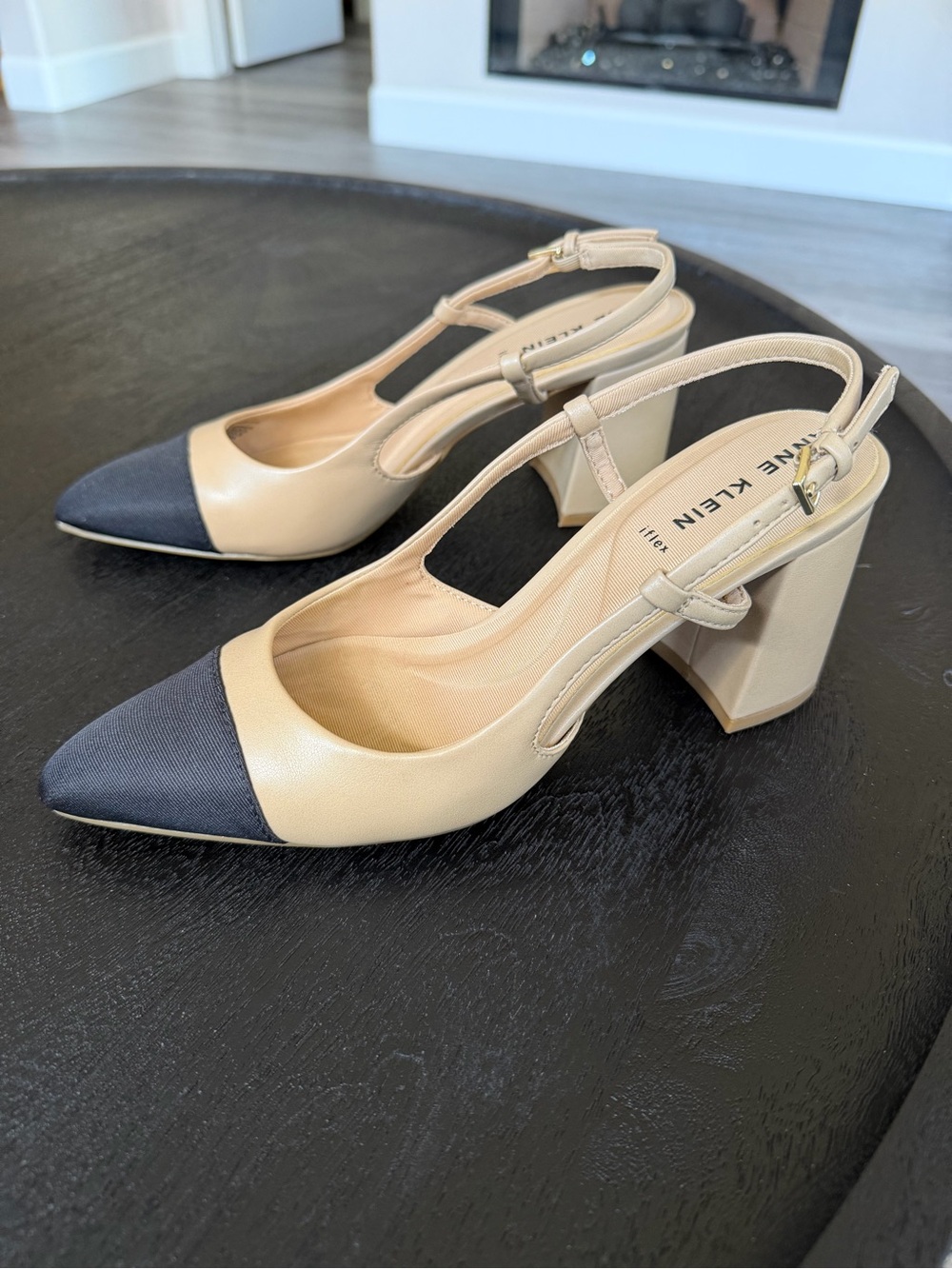 Anne Klein Beige and Black Pointed Toe Slingback Pumps